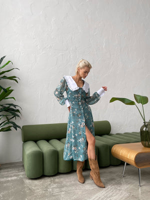 Domitille Collared Floral Midi Dress – Green