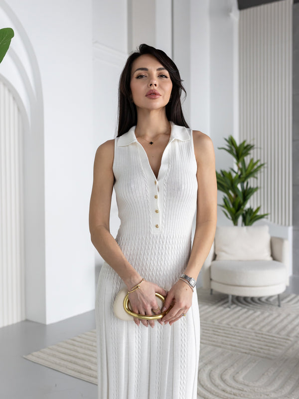 Victorine Pleated Polo Knit Dress – Milk White