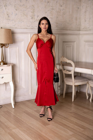 Elodie Fluted Slip Dress – Red