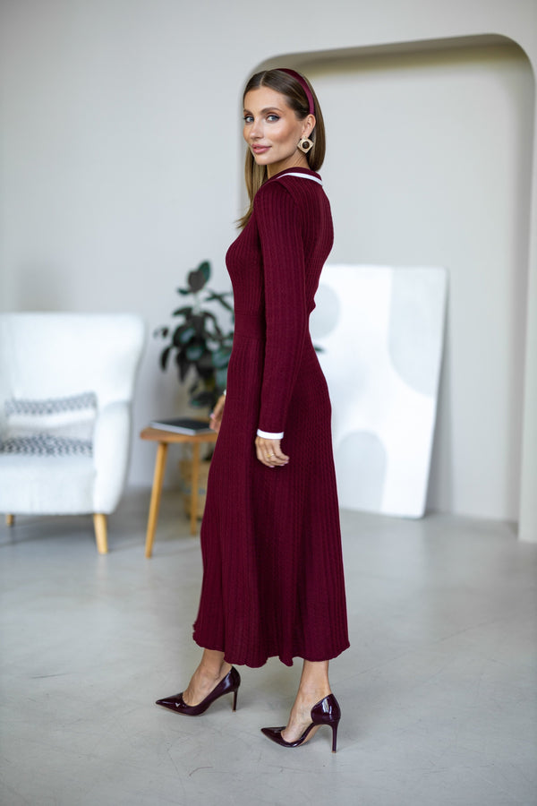 Constance Contrast-Collar Knit Midi Dress – Burgundy