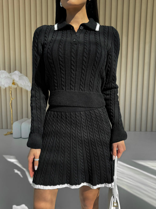 Coco Contrast-Trim Knit Set – Black