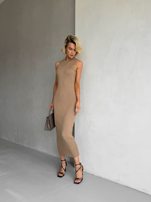 Anaëlle Ribbed Column Maxi Dress – Camel