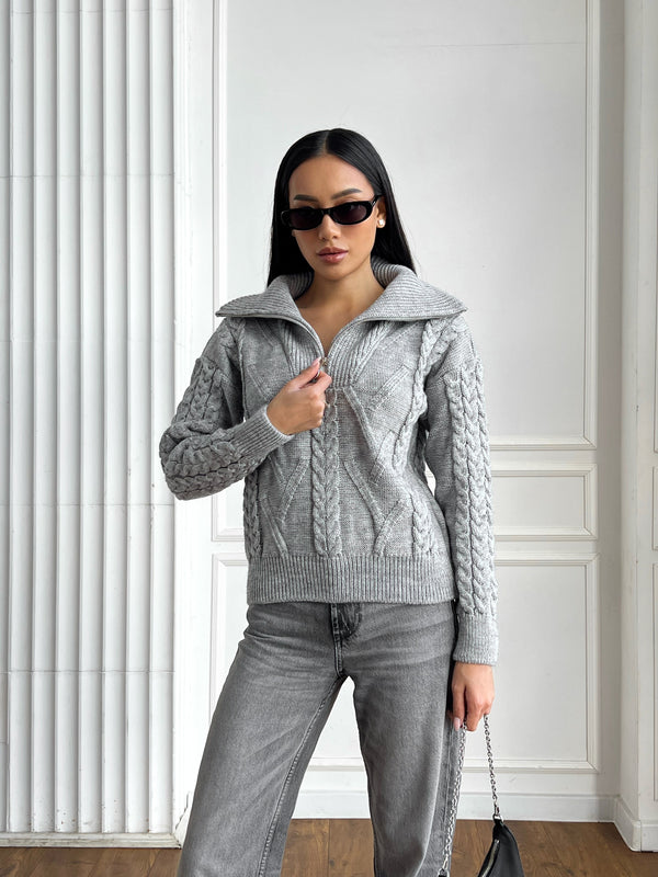 Vera Cable Half-Zip Sweater – Grey