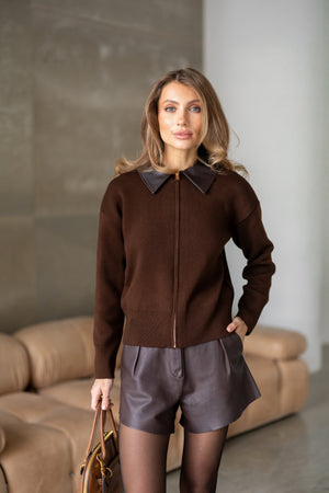 Perrine Collared Cable Sweater – Brown