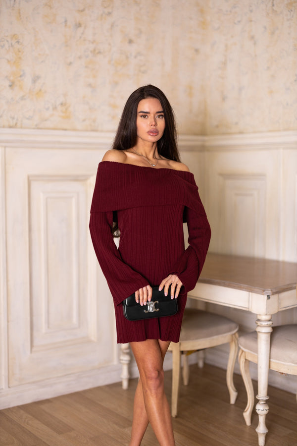 Noor Off-Shoulder Knit Dress – Burgundy