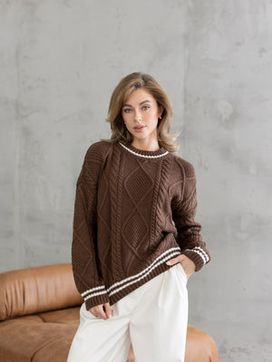 Beatrice Contrast-Trim Cable Sweater – Brown