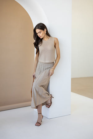 Ophélie Knit Top & Pleated Skirt Set – Beige
