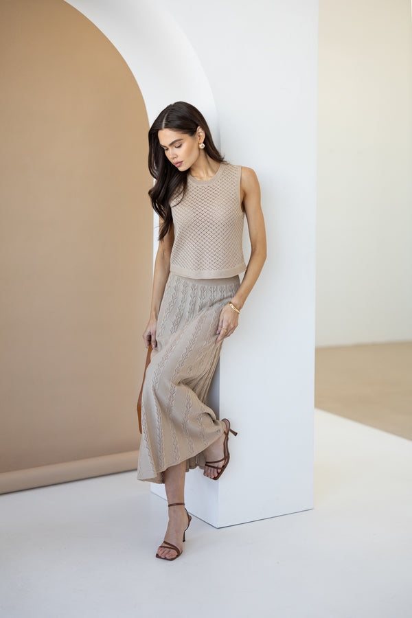 Ophélie Knit Top & Pleated Skirt Set – Beige