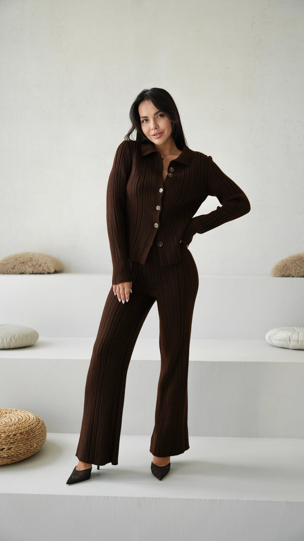 Lucienne Knit Shirt & Trouser Set – Brown