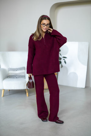 Agathe Half-Zip Knit Set – Burgundy