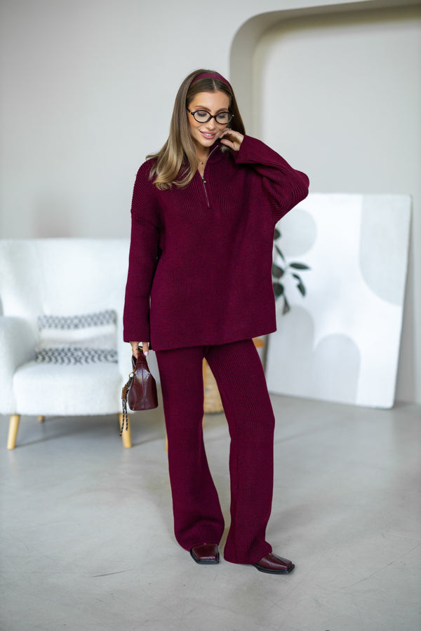 Agathe Half-Zip Knit Set – Burgundy