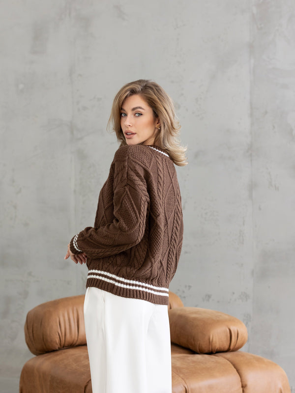 Beatrice Contrast-Trim Cable Sweater – Brown