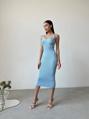 Isaure Ribbed Knit Midi Dress – Sky Blue