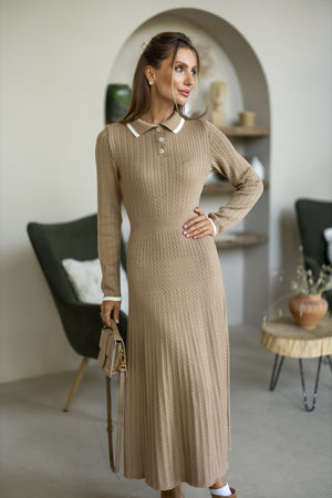 Constance Contrast-Collar Knit Midi Dress – Camel