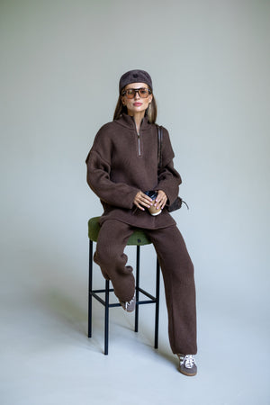 Agathe Half-Zip Knit Set – Brown