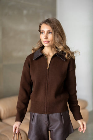 Perrine Collared Cable Sweater – Brown