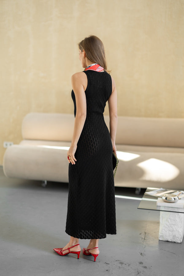 Talia Crochet Knit Maxi Dress – Black