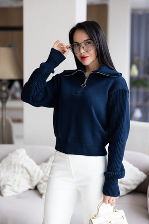 Éliane Half-Zip Cropped Sweater – Blue