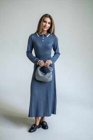 Constance Contrast-Collar Knit Midi Dress – Blue