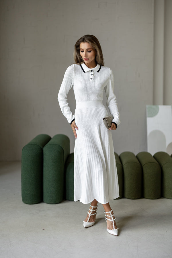 Constance Contrast-Collar Knit Midi Dress – White