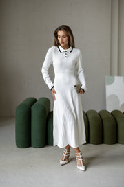 Constance Contrast-Collar Knit Midi Dress in White