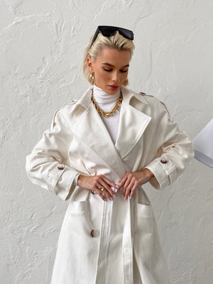 Dorothée Belted Faux-Leather Trench – White