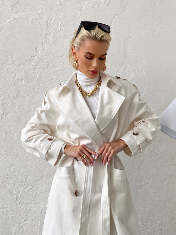 Dorothée Belted Faux-Leather Trench – White