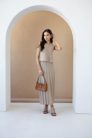 Ophélie Knit Top & Pleated Skirt Set – Beige
