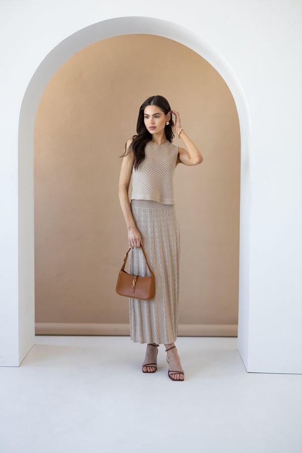 Ophélie Knit Top & Pleated Skirt Set – Beige