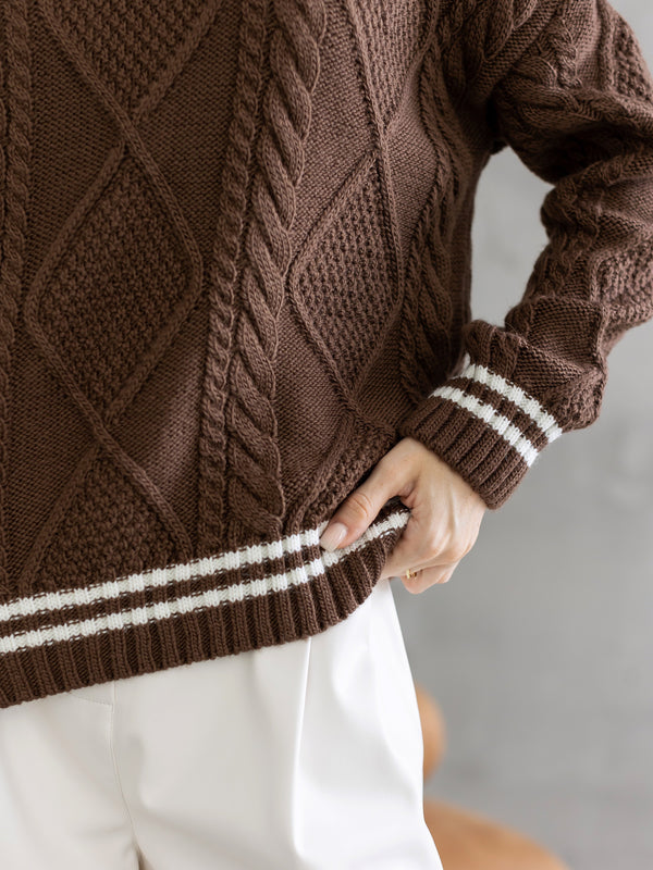 Beatrice Contrast-Trim Cable Sweater – Brown