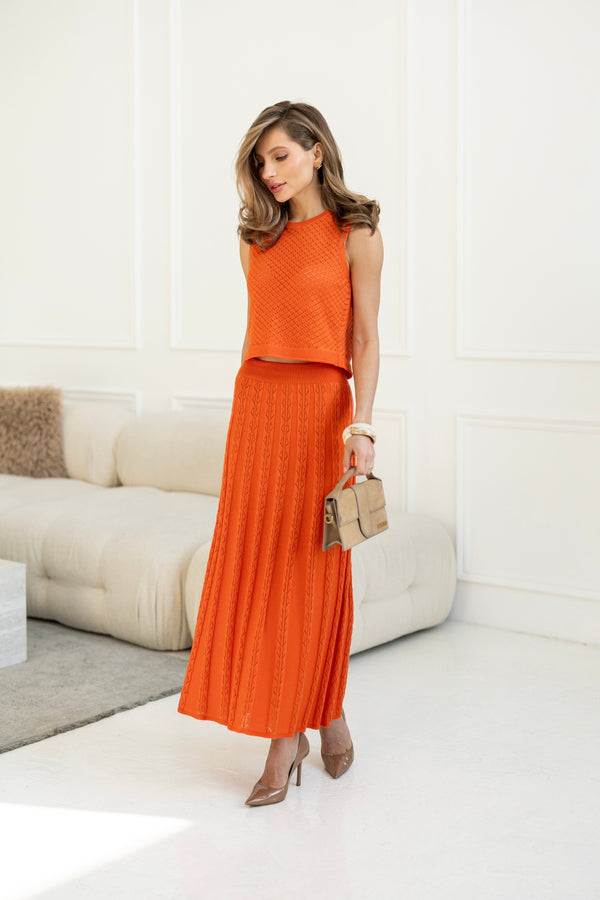 Ophélie Knit Top & Pleated Skirt Set – Orange