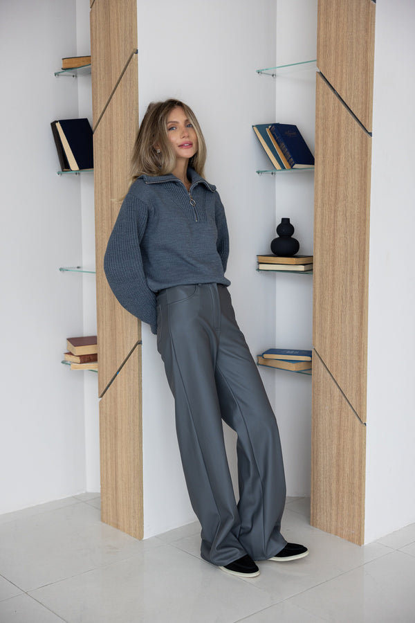 Éliane Half-Zip Cropped Sweater – Charcoal