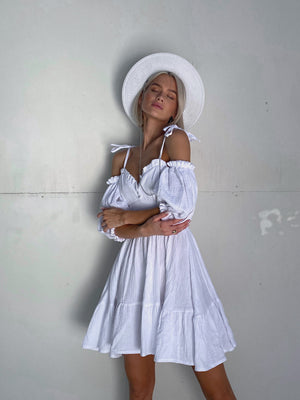 Flavie Off-Shoulder Tiered Mini Dress – White