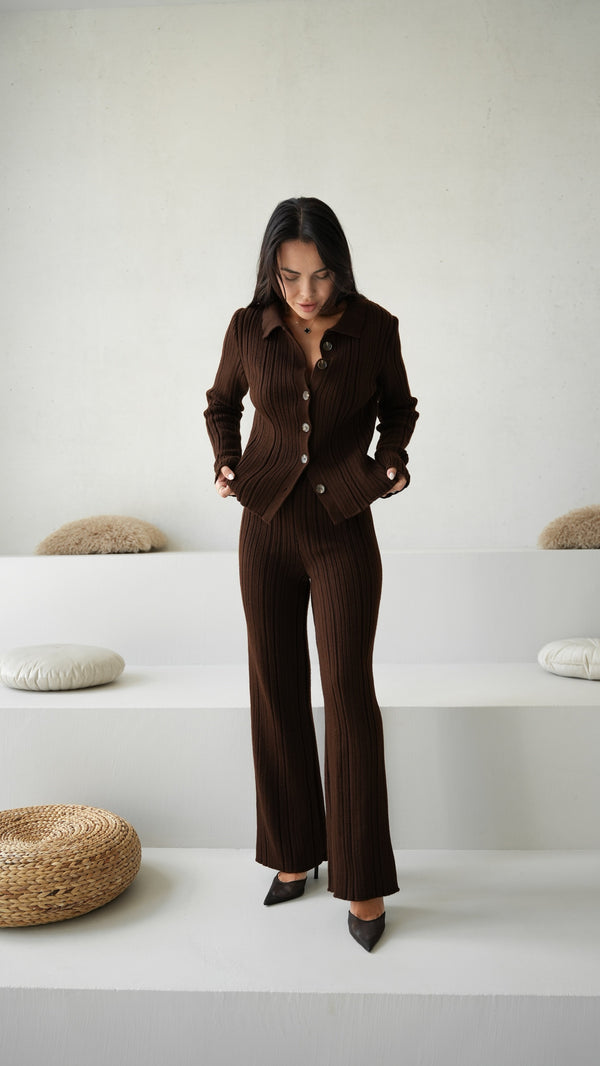Lucienne Knit Shirt & Trouser Set – Brown