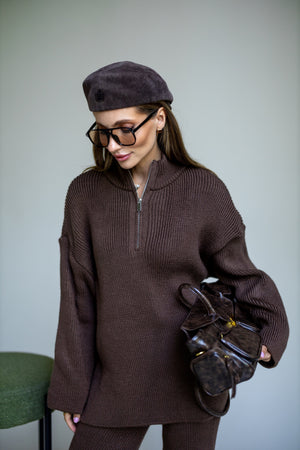 Agathe Half-Zip Knit Set – Brown