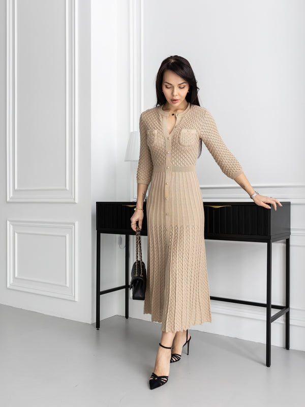 Aurelie Pointelle Knit Maxi Dress – Beige