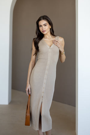 Léonie Buttoned Knit Midi Dress – Beige