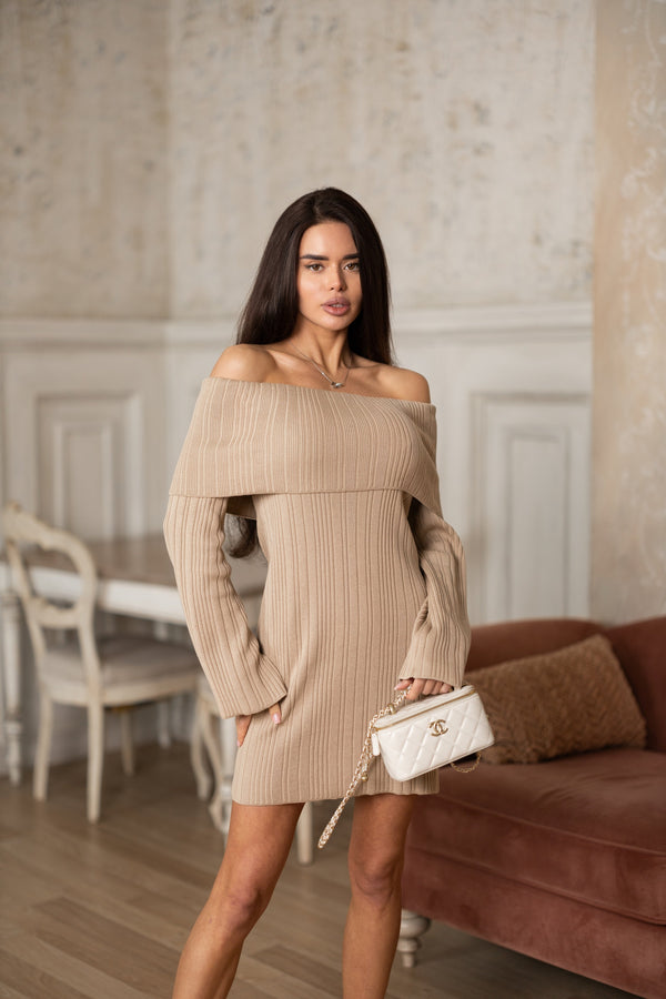 Noor Off-Shoulder Knit Dress – Beige