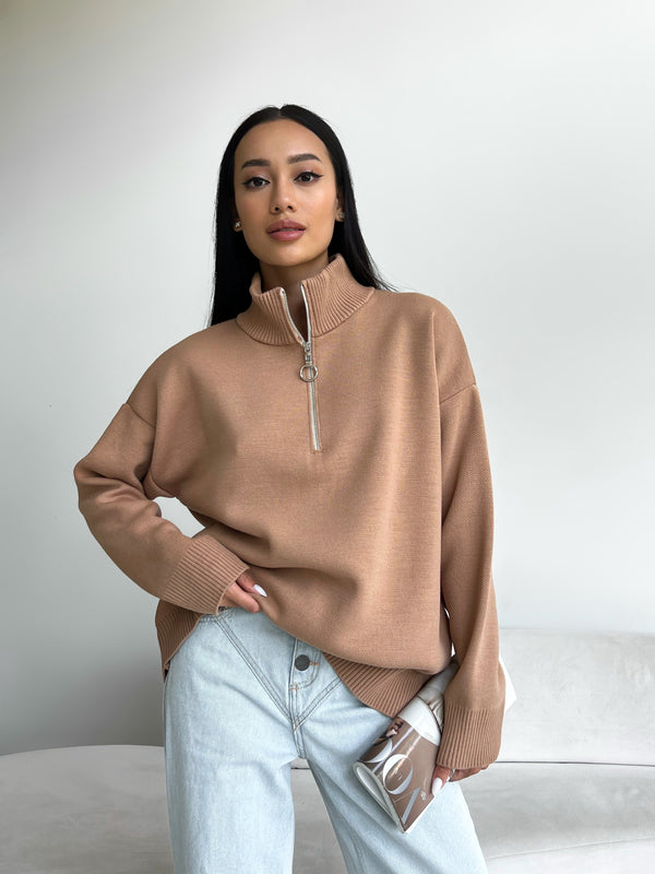 Maren Half-Zip Tunic Sweater – Camel