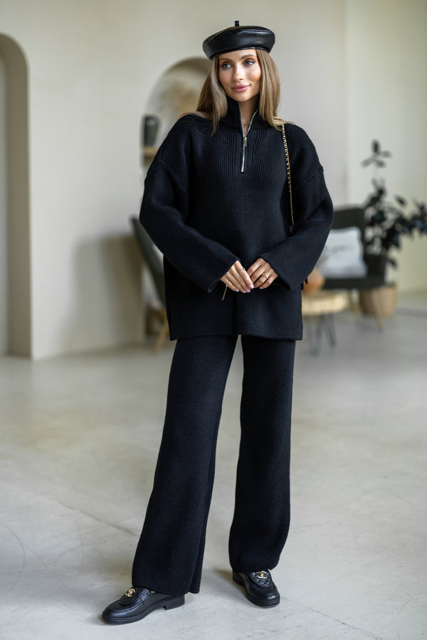 Agathe Half-Zip Knit Set – Black