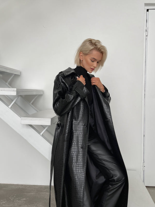 Dorothée Belted Faux-Leather Trench – Black
