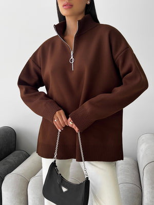 Maren Half-Zip Tunic Sweater – Brown