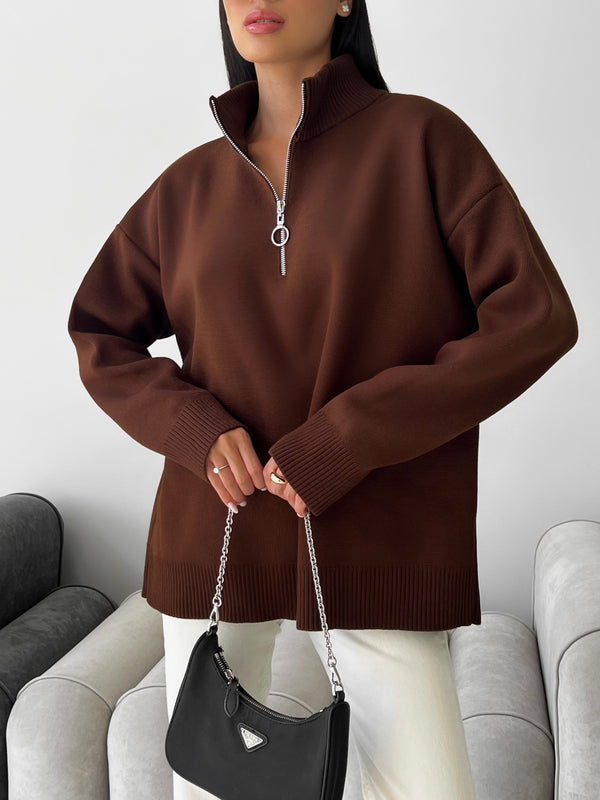 Maren Half-Zip Tunic Sweater – Brown