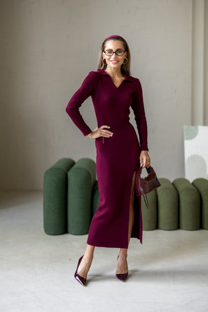 Sylvie Collared Knit Midi Dress – Burgundy