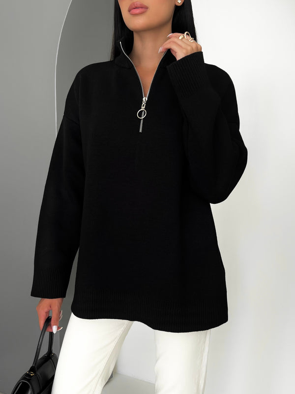 Maren Half-Zip Tunic Sweater – Black