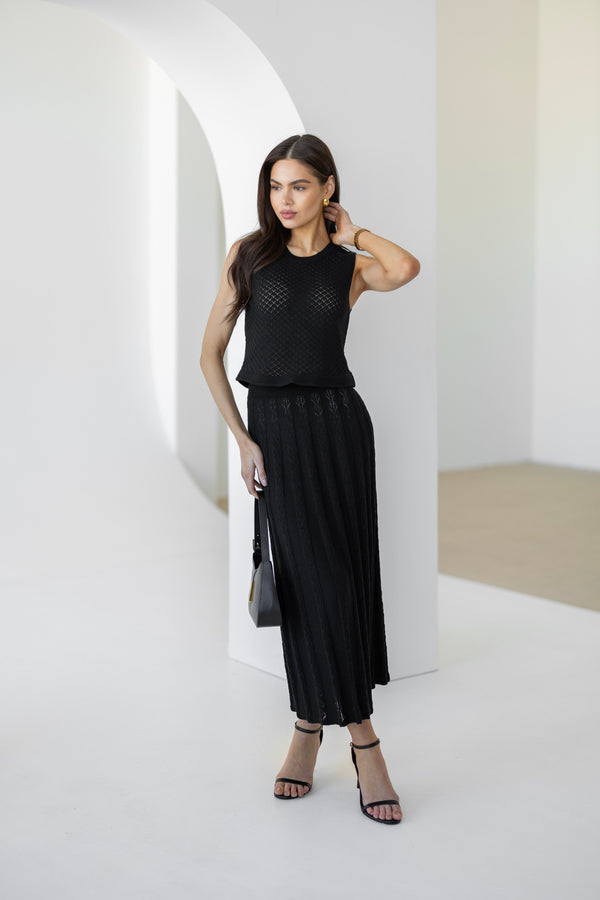 Ophélie Knit Top & Pleated Skirt Set – Black