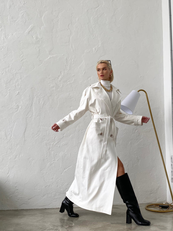 Dorothée Belted Faux-Leather Trench – White
