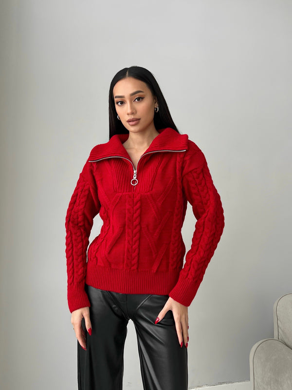Vera Cable Half-Zip Sweater – Red