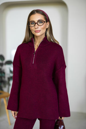 Agathe Half-Zip Knit Set – Burgundy