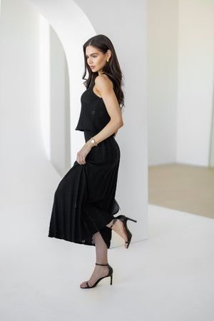 Ophélie Knit Top & Pleated Skirt Set – Black
